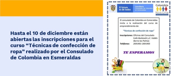 Hasta el 10 de diciembre están abiertas las inscripciones para el curso “Técnicas de confección de ropa” realizado por el Consulado de Colombia 